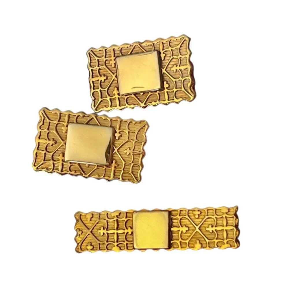 Vintage Gold-Tone Cufflinks & Tie Clip Set With Fleur De Lis & Heart Scroll Desi